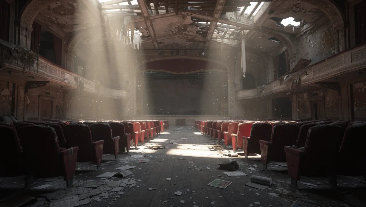 Example image made with FLUX.2 Pro: Shot on a 24mm lens at f/2.8: the interior of an abandoned theater, rows of red velvet seats covered in dust, beams of l