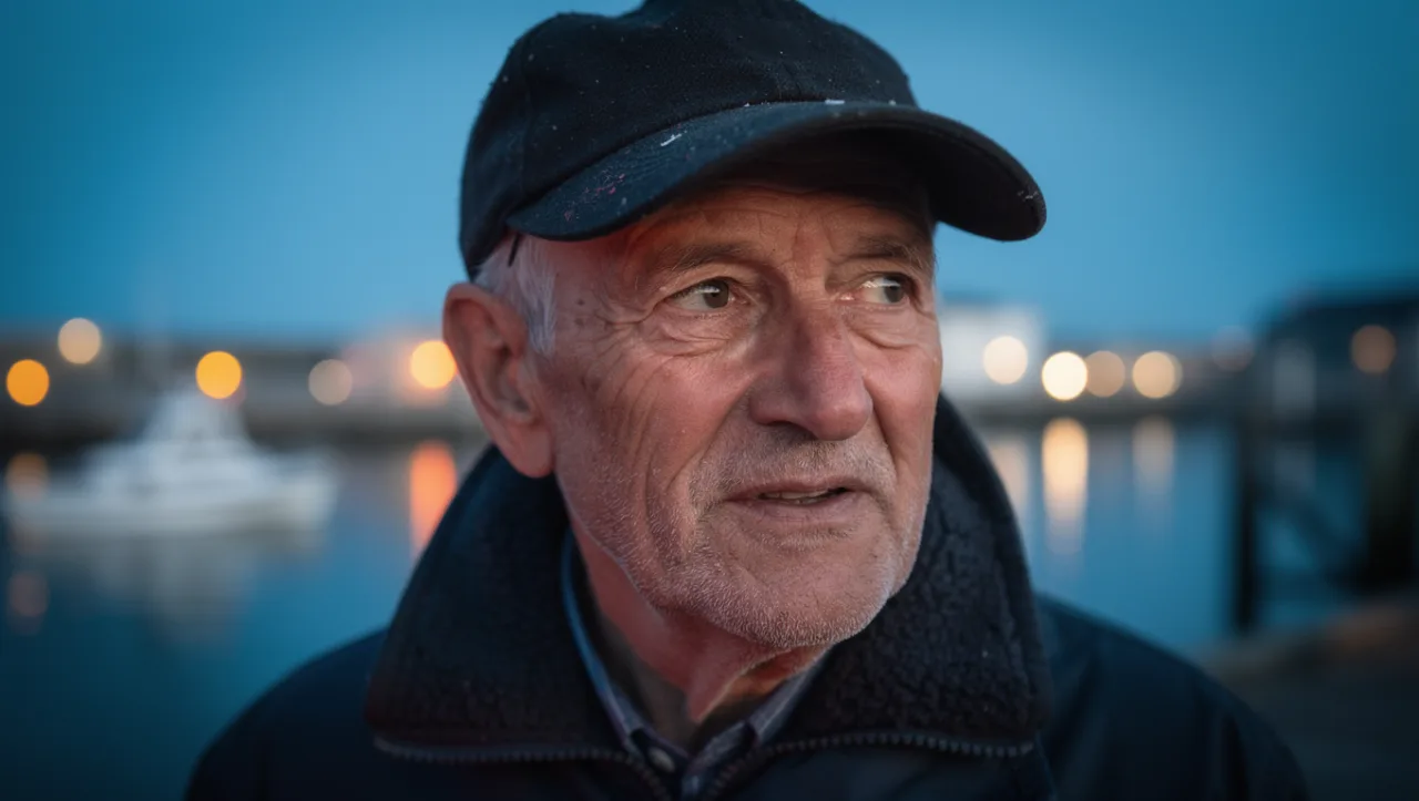 Example image made with FLUX.2 Pro: Shot on an 85mm lens at f/1.4: close-up portrait of an elderly fisherman with weathered skin and a wool cap, harbor ligh
