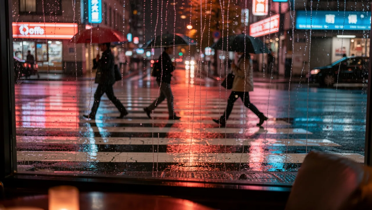 Example image made with FLUX.2 Pro: Shot on a 35mm lens at eye level: a rainy city crosswalk at night seen through a cafe window, people with umbrellas cros