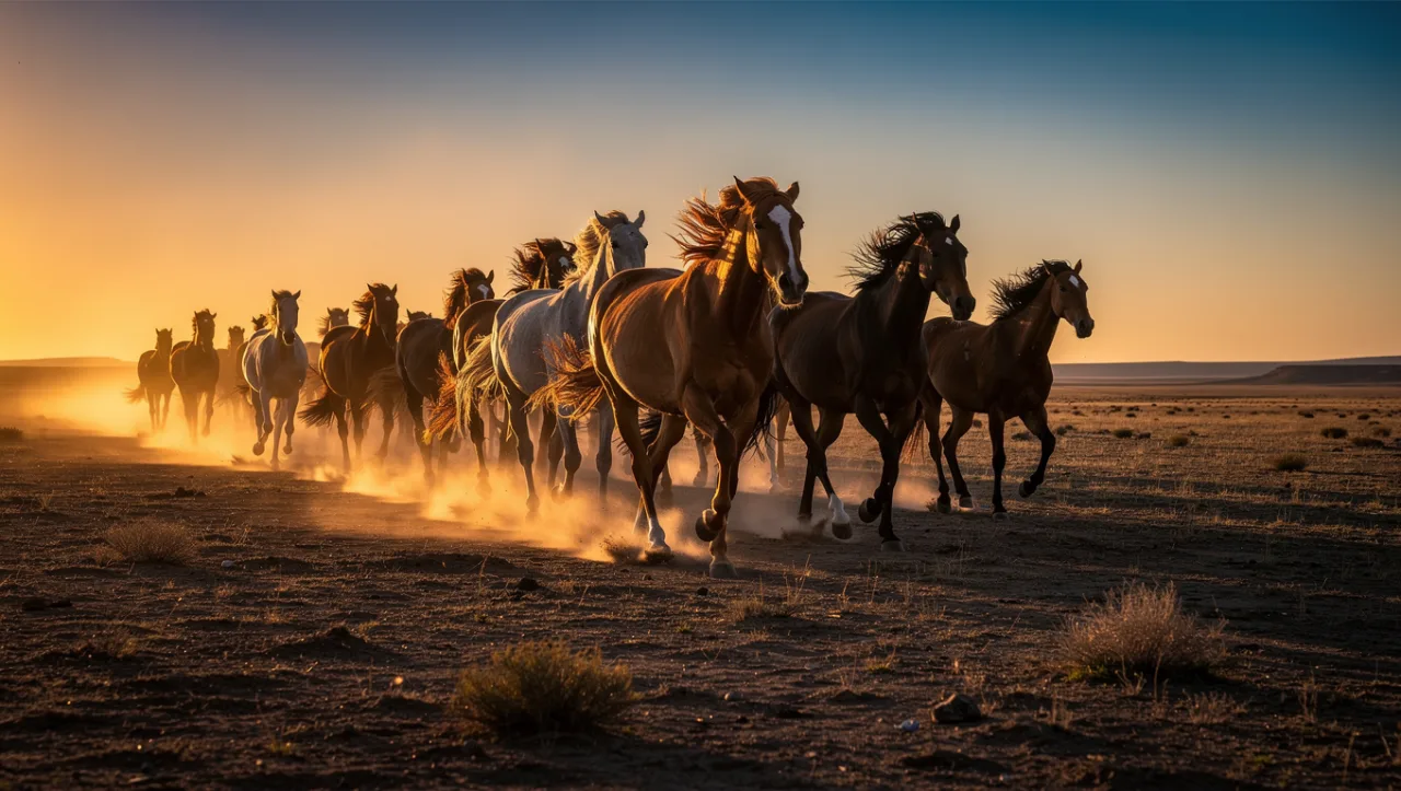 Example image made with FLUX.2 Pro: Shot on a 200mm telephoto lens: a herd of wild horses running across a dusty plain at sunset, compressed perspective, du