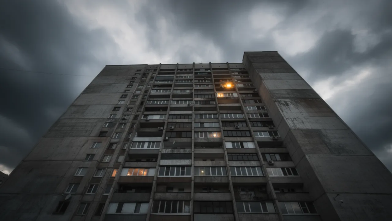 Example image made with FLUX.2 Pro: Low-angle shot on a 14mm ultra-wide lens: a towering concrete apartment block against a stormy sky, a single lit window,