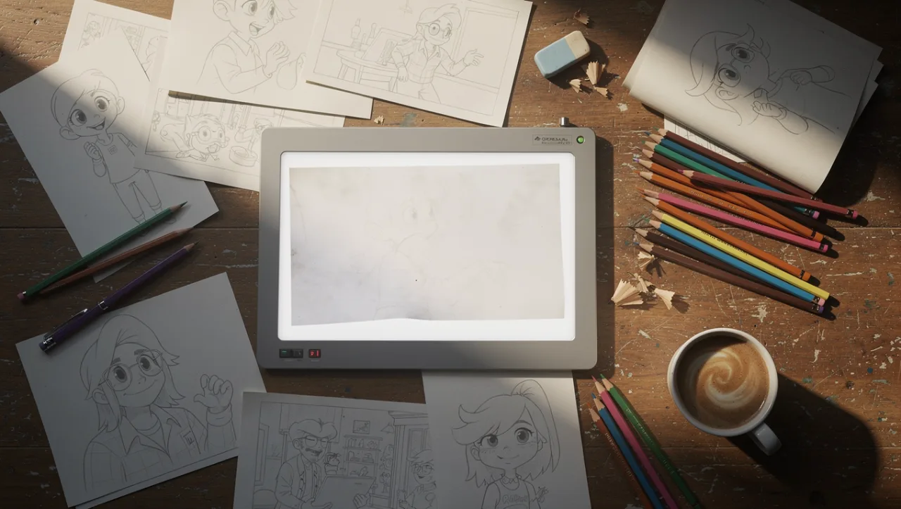 Example image made with FLUX.2 Pro: Top-down shot on a 50mm lens: a cluttered animator's desk with pencil sketches, a lightbox, colored pencils and a cup of