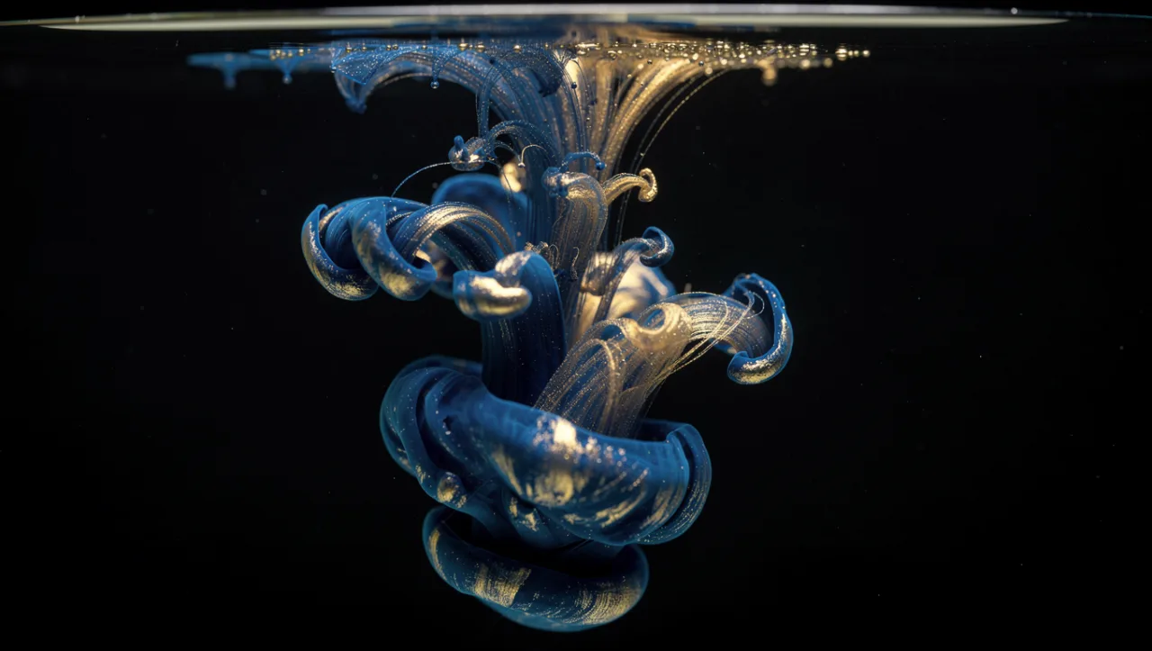 Example image made with FLUX.2 Pro: Shot on a 100mm macro lens: a single drop of ink spreading in clear water, swirling blue and gold, black background.