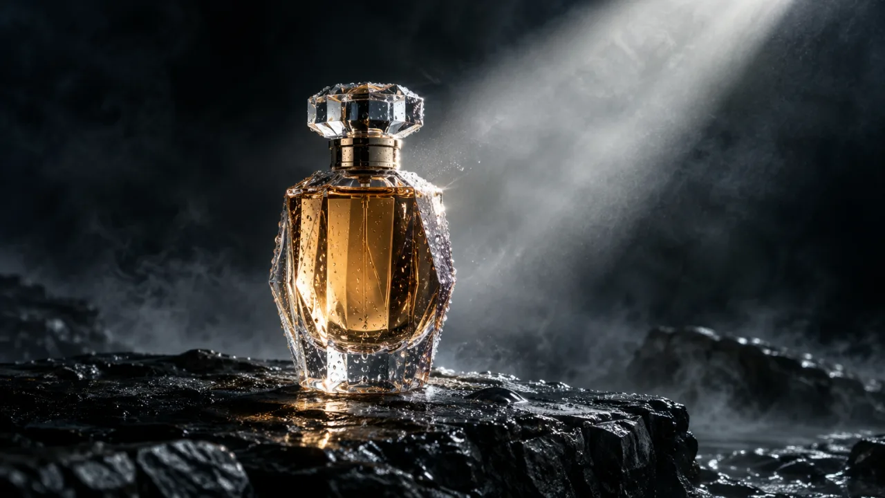 Example image made with GPT Image 2.5 Flare: Product hero shot for a commercial: a faceted glass perfume bottle standing on black wet stone, a single beam of light c