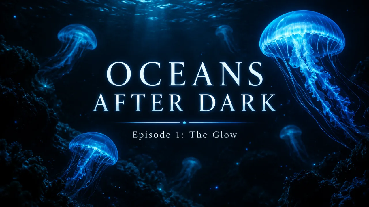 Example image made with GPT Image 2.5 Flare: Title card for a documentary series: the words 'OCEANS AFTER DARK' in elegant serif letters over a dark underwater scene