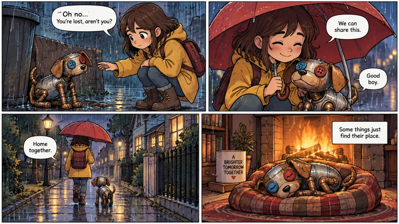 Example image made with GPT Image 2.5 Sunburst: A comic page with four panels telling a tiny story: a girl finds a lost little robot dog built from copper pipes and a t