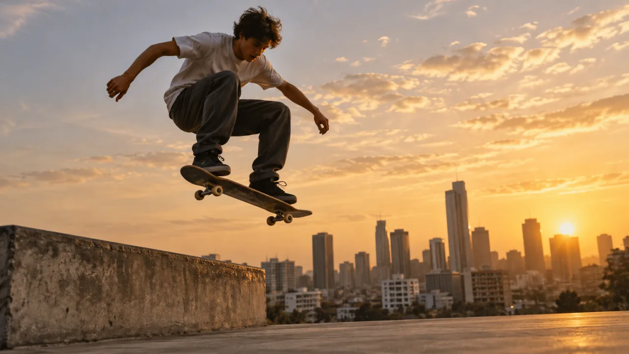 Example image made with GPT Image 2.5 Sunburst: Photorealistic still: a teenage skateboarder in mid-air over a concrete ledge at golden hour, wearing plain unbranded cl