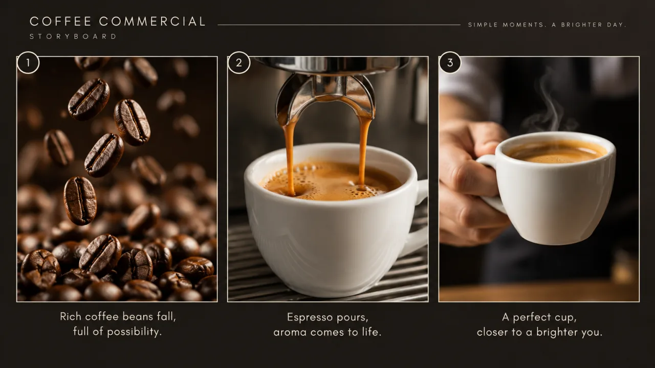 Example image made with GPT Image 2.5 Sunburst: A storyboard sheet with three numbered frames in a row for a coffee commercial: 1) close-up of coffee beans falling, 2) 