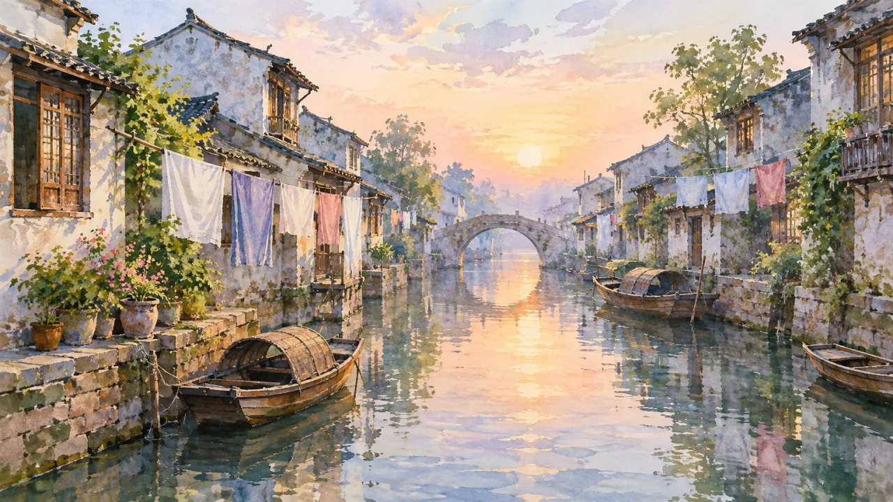 Example image made with GPT Image 2.5 Flare: Watercolor illustration of a quiet canal town at dawn, small wooden boats, laundry lines between the houses, soft pastel
