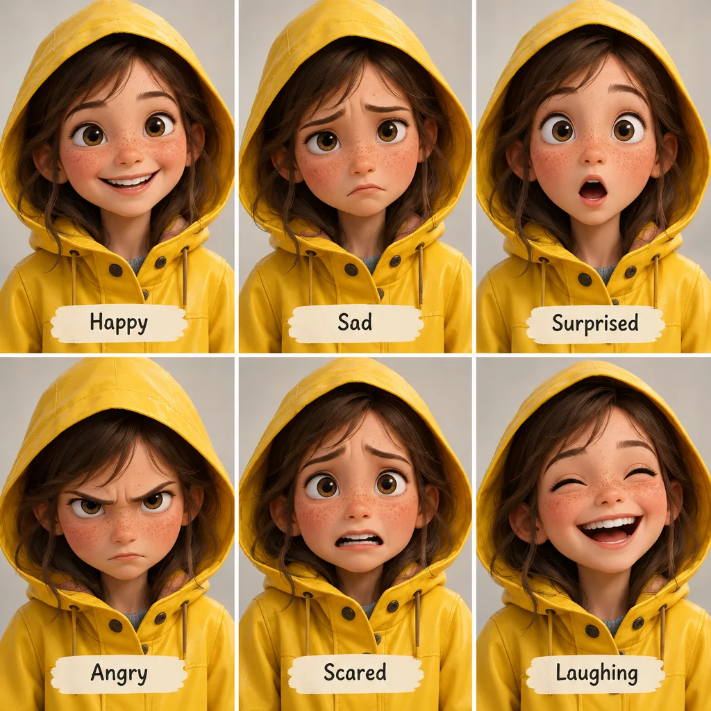 Example image made with GPT Image 2.5 Flare: Character expression sheet: the same freckled girl in a yellow raincoat with six expressions (happy, sad, surprised, ang