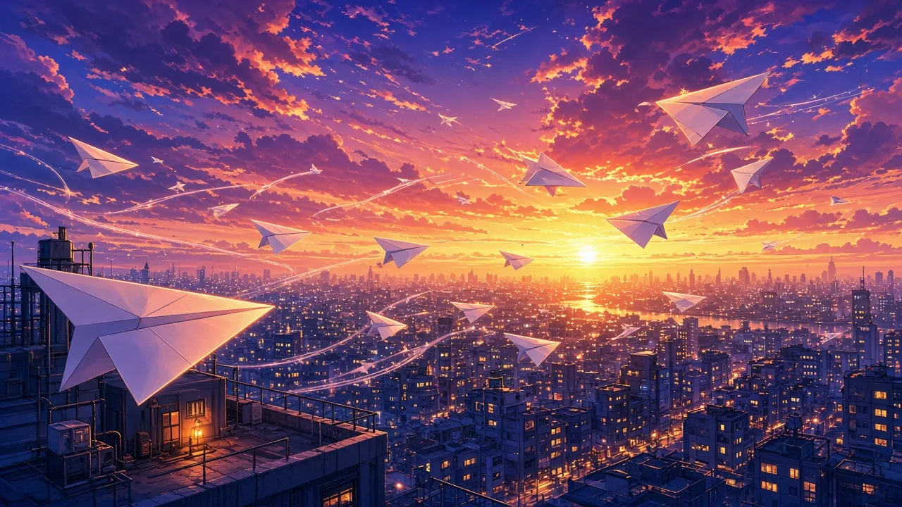 Example image made with Grok Imagine 2.0: Anime key visual, no characters: a flock of paper airplanes soaring over a rooftop city at dusk, a glowing sunset behind