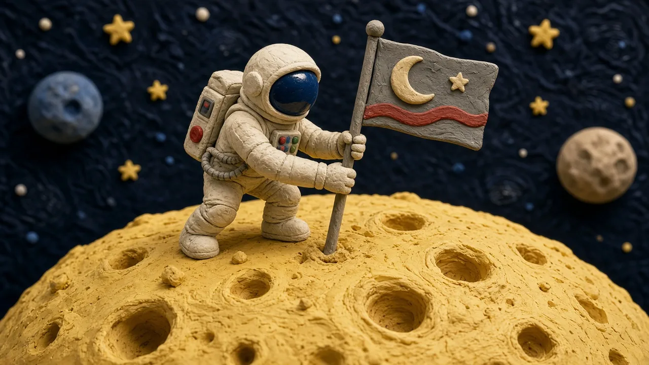 Example image made with Grok Imagine 2.0: Claymation style still: a tiny clay astronaut planting a flag on a moon made of cheese, handmade textures with visible f