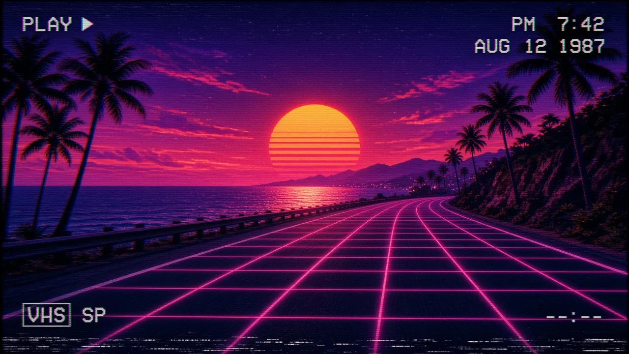 Example image made with Grok Imagine 2.0: Retro 1980s VHS style frame: a synthwave sunset over a palm-lined coastal highway with no cars, a neon grid fading towar