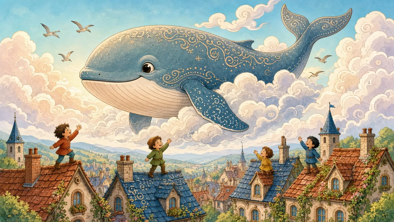 Example image made with Grok Imagine 2.0: Whimsical storybook illustration: a giant friendly whale floating through the clouds above a small village, children wav