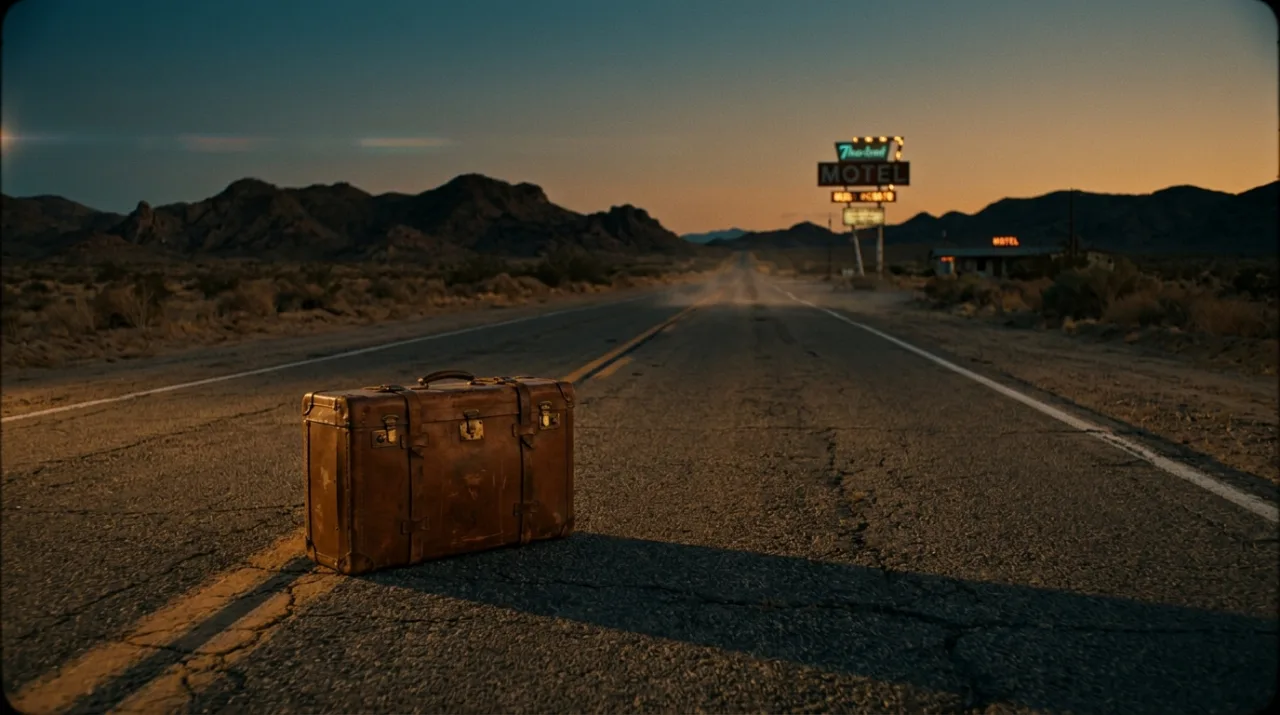 Example image made with Nano Banana 2.1: Cinematic film still, wide shot: an old brown leather suitcase standing alone on an empty desert highway at dusk, heat h
