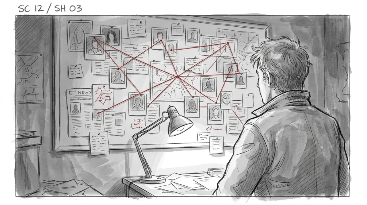 Example image made with Nano Banana 2.1: Storyboard panel in clean graphite pencil with a light grey wash: over-the-shoulder shot of a young detective looking at