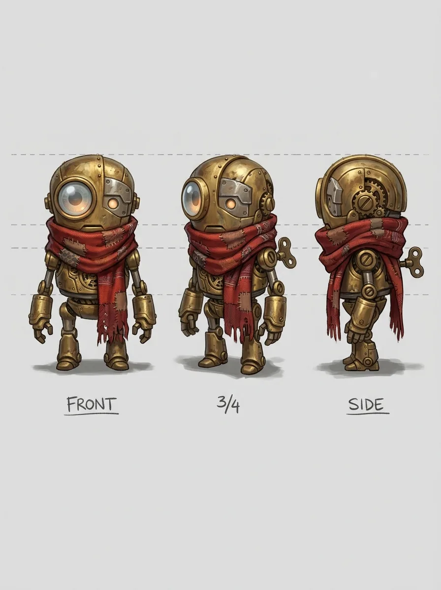 Example image made with Nano Banana 2.1: Character turnaround sheet for an animated film: a small clockwork robot with a brass body, one round glass eye and a pa