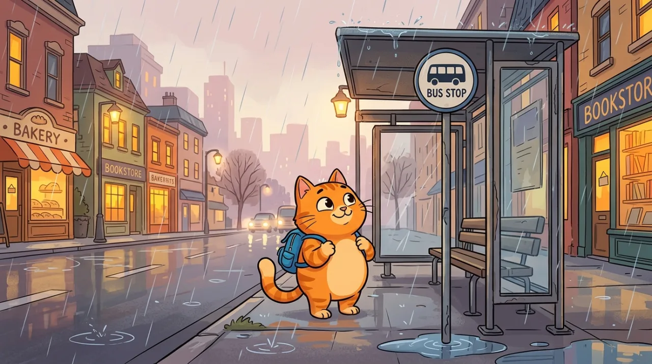 Example image made with Nano Banana 2.1: 2D cartoon style: a cheerful orange cat wearing a tiny blue backpack standing at a bus stop in the rain, flat colors, th