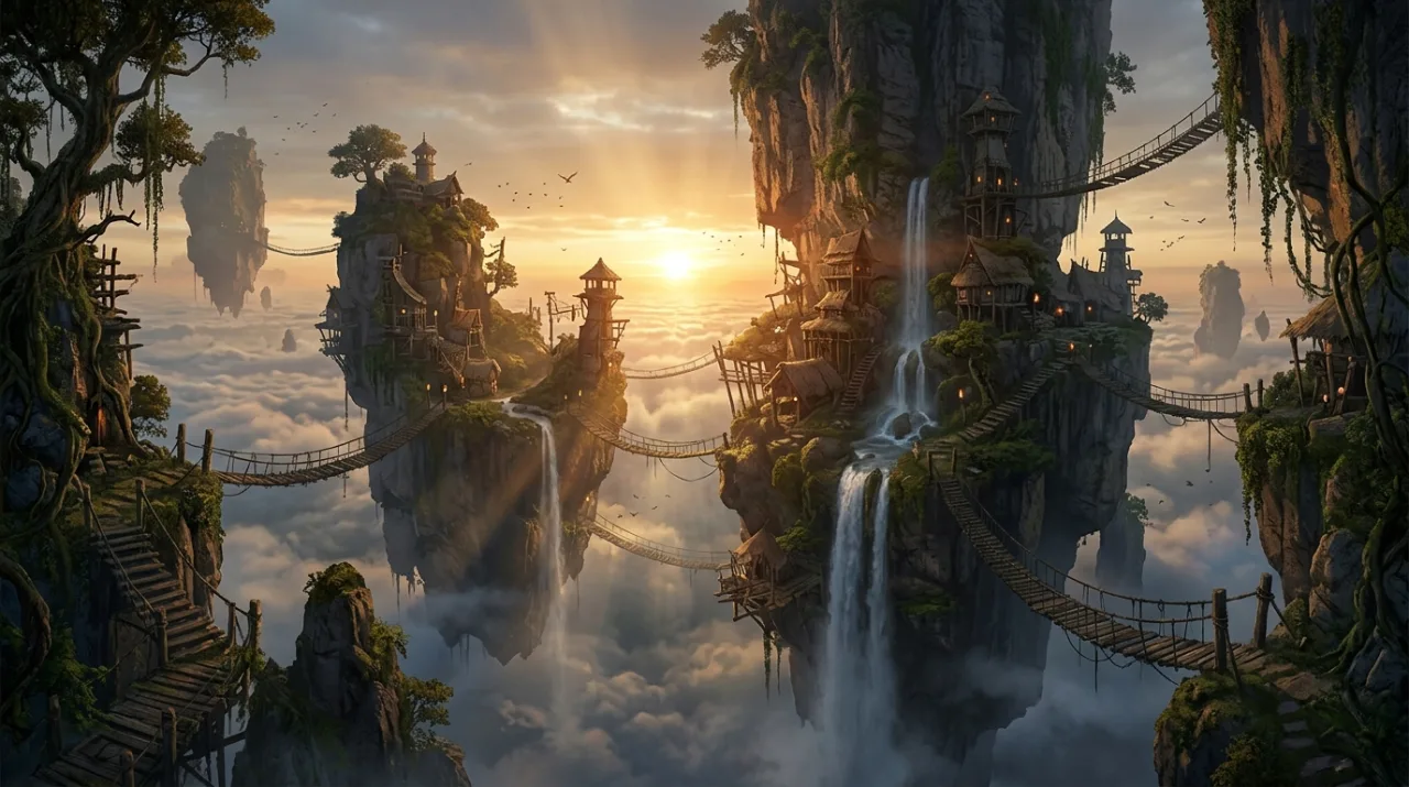 Example image made with Nano Banana 2.1: Location concept art, matte painting: a floating island village above a sea of clouds at sunrise, wooden rope bridges be
