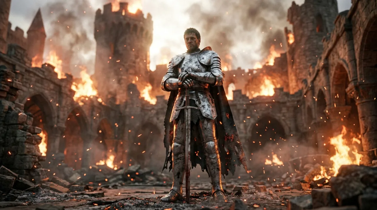Example image made with Nano Banana 2.1: A knight in battered silver armor standing in a burning castle courtyard, embers drifting in the air, dramatic backlight