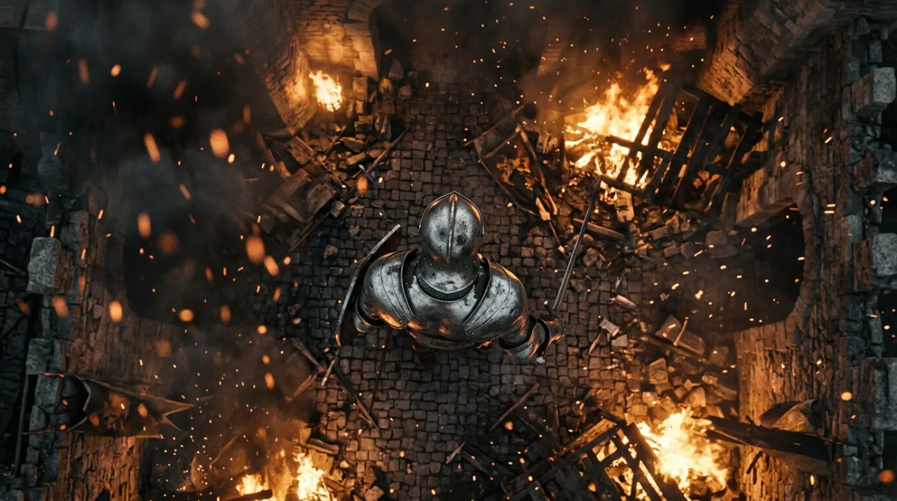 Example image made with Nano Banana 2.1: A knight in battered silver armor standing in a burning castle courtyard, embers drifting in the air, dramatic backlight