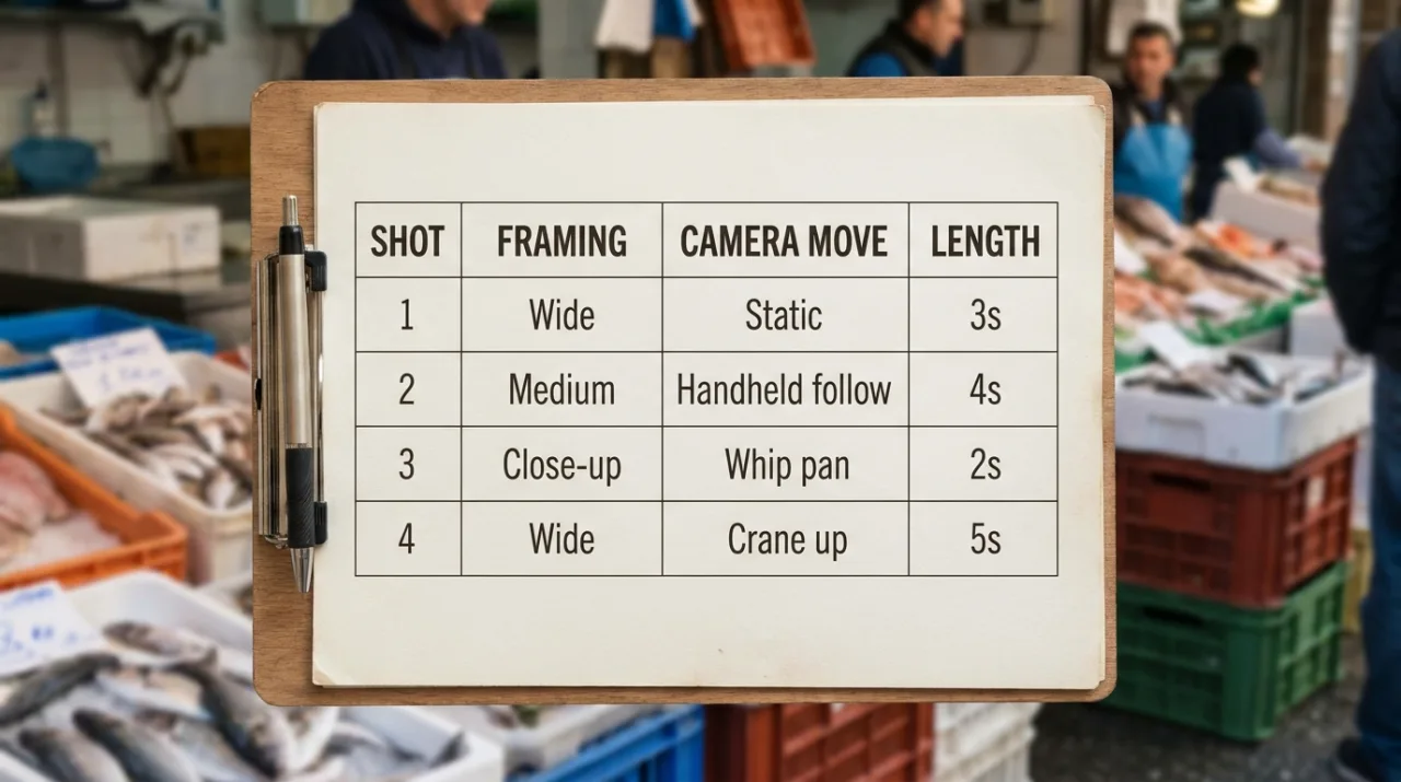 Example image made with Nano Banana Pro: A clean shot list card for a short film scene, designed as a table with the columns Shot, Framing, Camera move and Lengt