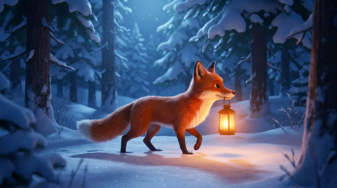 Example image made with Nano Banana Pro: Stylized 3D animation still: a red fox carrying a small glowing lantern in its mouth walks through a snowy pine forest a