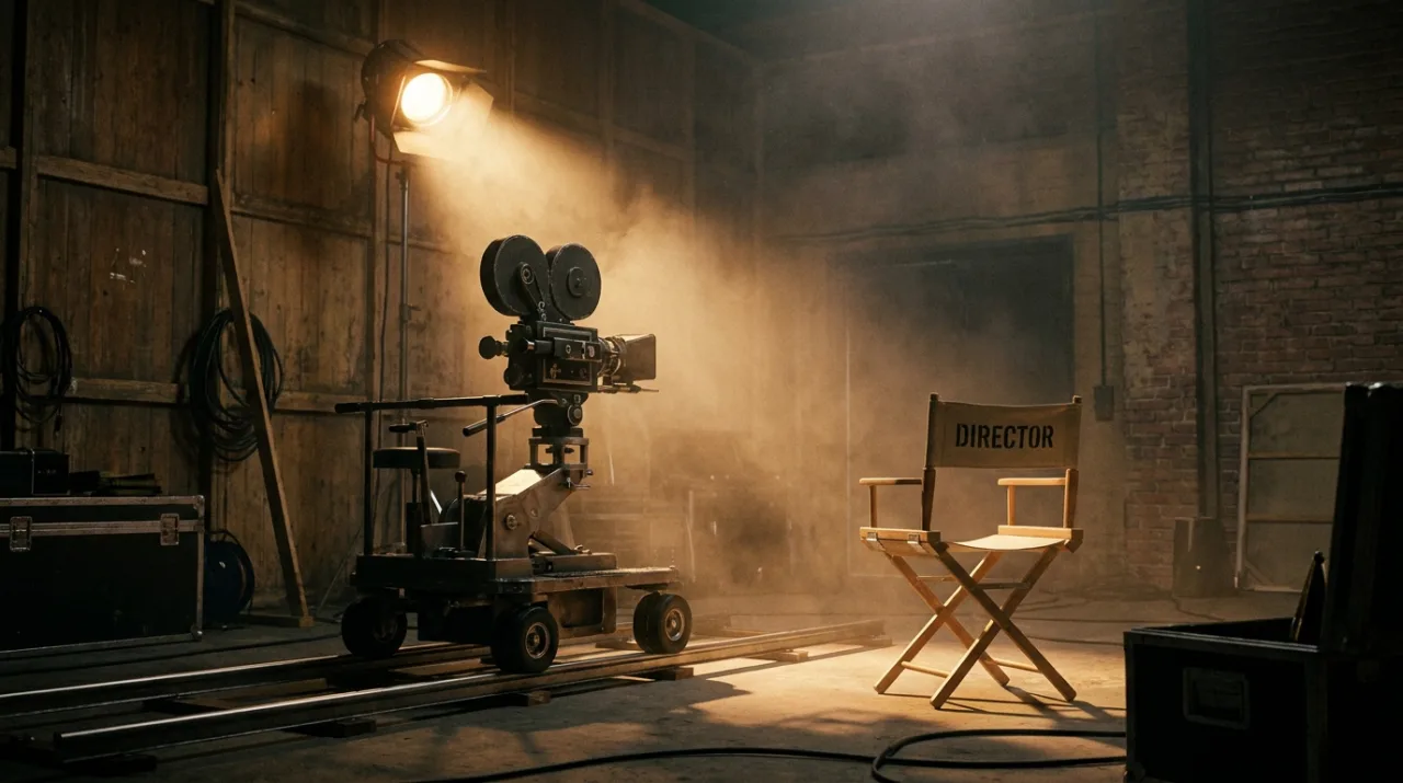 Example image made with Nano Banana Pro: Cinematic photo of an empty soundstage: a 35mm film camera on a dolly track, a single spotlight, an empty director's cha