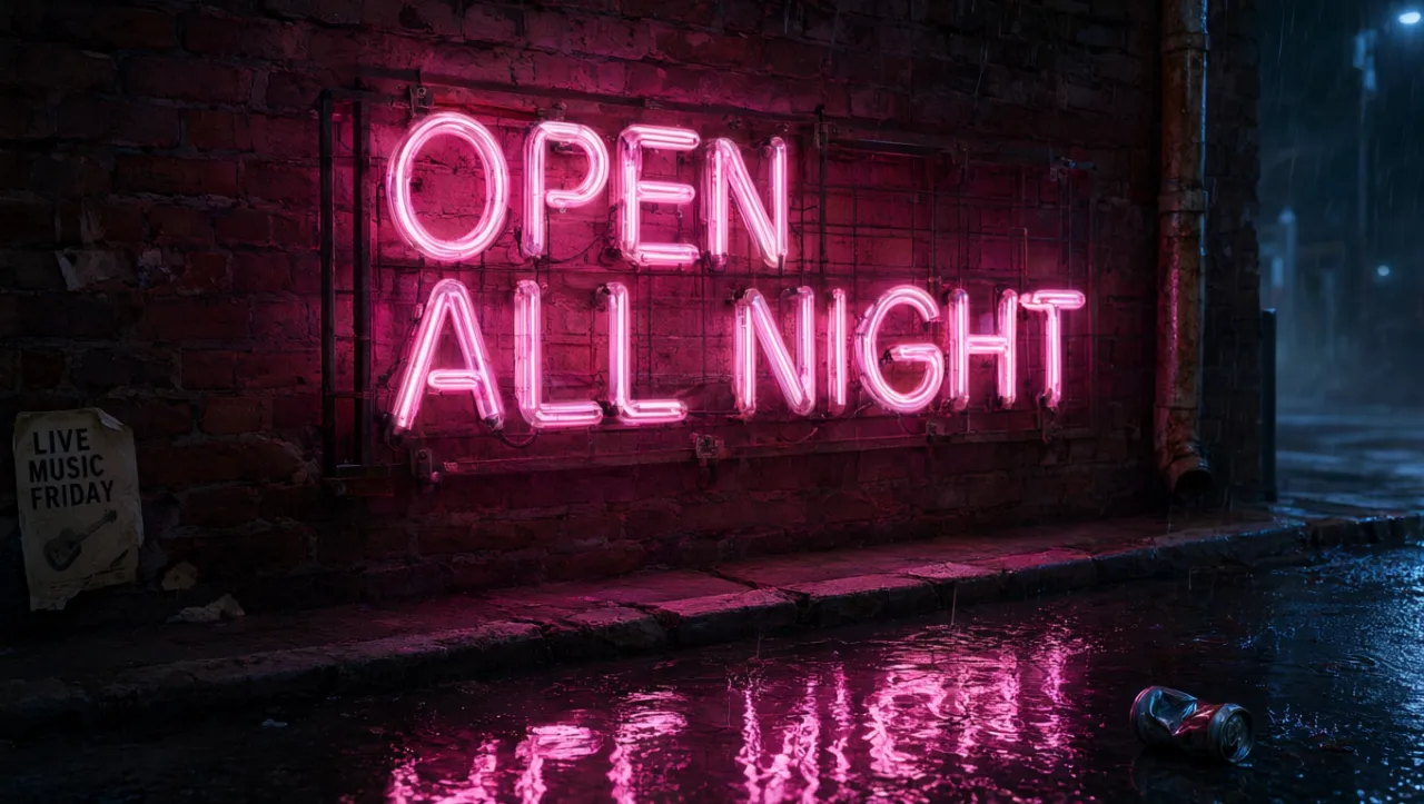 Example image made with Qwen Image 3: A neon sign on a brick wall that reads 'OPEN ALL NIGHT' in pink cursive letters, rain, reflections on the wet street, ci
