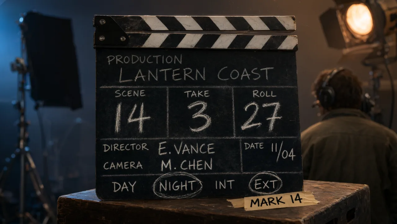 Example image made with Qwen Image 3: A film clapperboard on a set with chalk writing: PRODUCTION LANTERN COAST, SCENE 14, TAKE 3, close-up, shallow depth of 