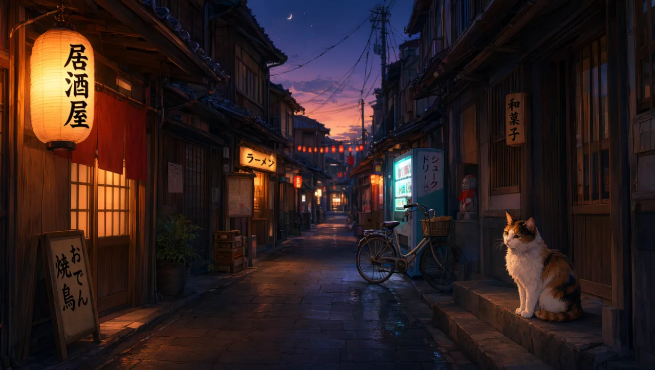 Example image made with Qwen Image 3: A narrow Japanese street at dusk with hanging paper lanterns and shop signs written in Japanese, a cat sitting on a ston