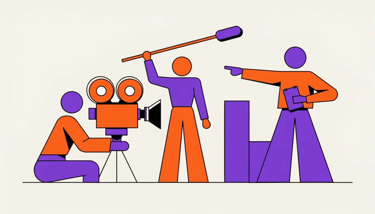 Example image made with Recraft V4.1: Flat vector illustration of a film crew on location: a camera operator, a sound recordist with a boom mic and a director