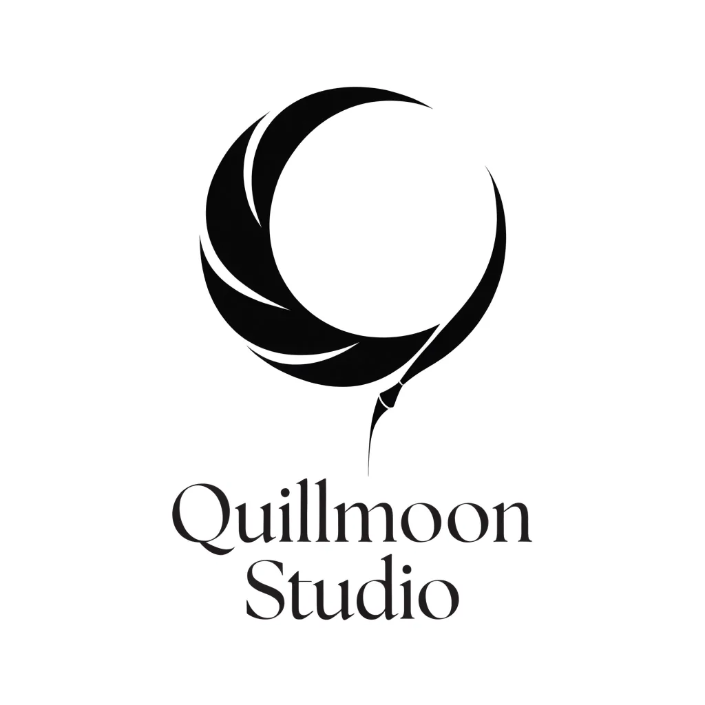 Example image made with Recraft V4.1: Emblem for a fictional animation studio called 'Quillmoon Studio': a crescent moon drawn with a single quill stroke, cle