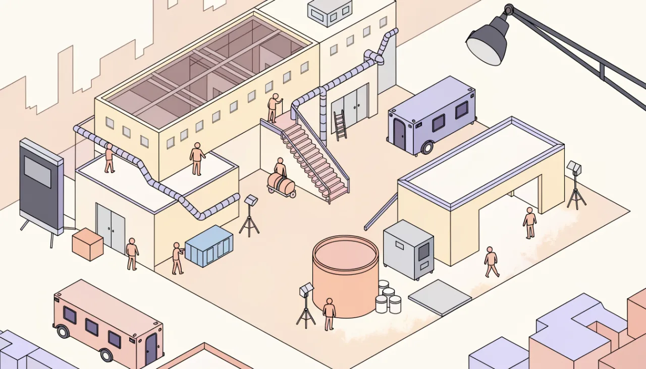 Example image made with Recraft V4.1: Isometric illustration of a miniature film studio lot with soundstages, a water tank, trailers and tiny crew members, cl