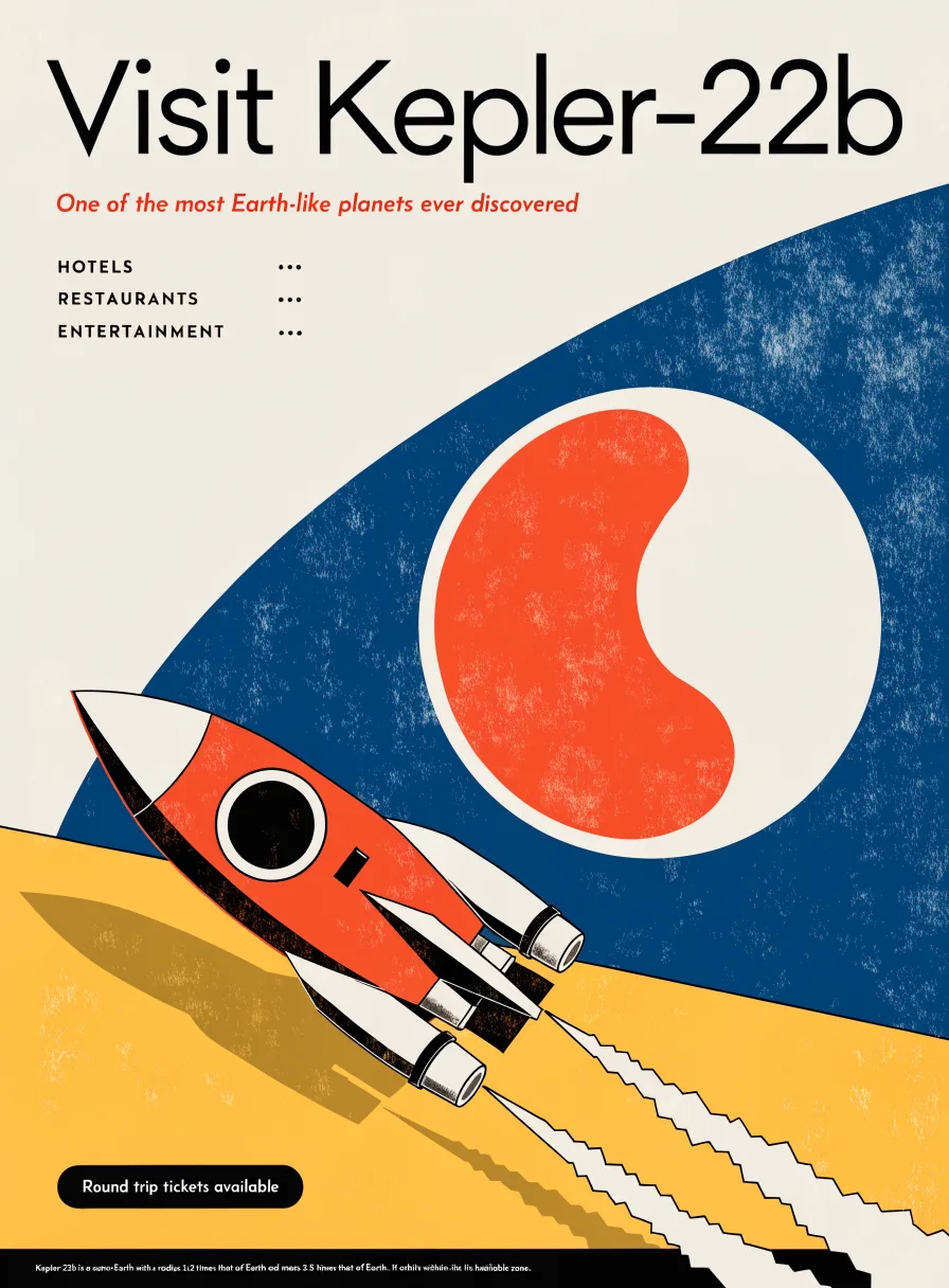 Example image made with Recraft V4.1: Mid-century travel poster for a fictional planet with the headline 'Visit Kepler-22b', a retro rocket, bold flat shapes,