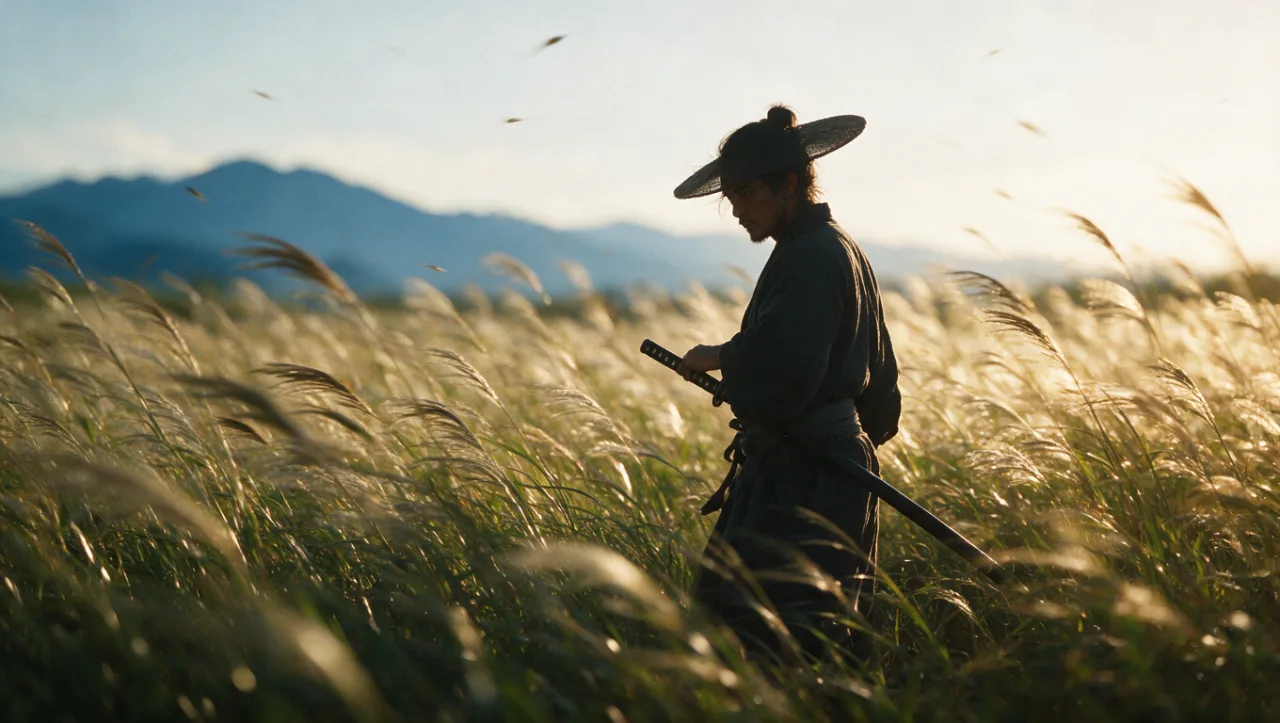Example image made with Seedream 5.0 Pro: Photorealistic cinematic still: a lone samurai standing in a field of tall grass at sunset, wind moving the grass, dista