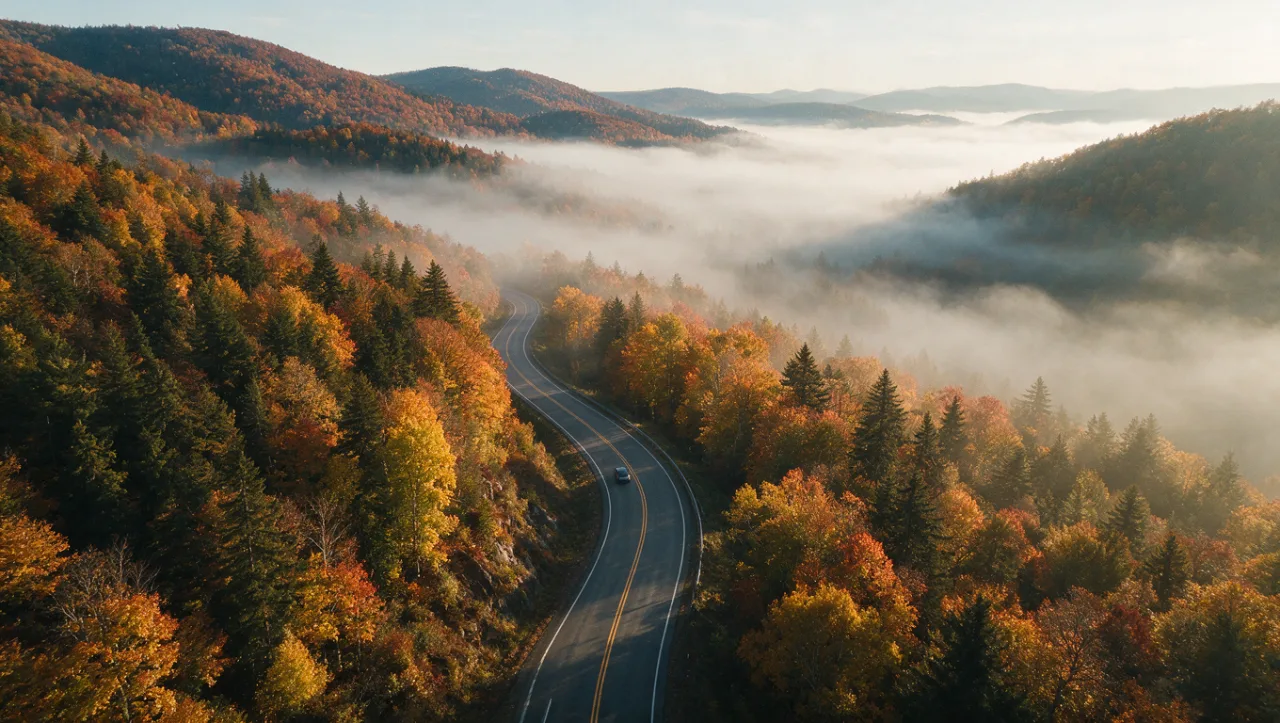 Example image made with Seedream 5.0 Pro: Aerial photograph of a winding mountain road through an autumn forest, a single small car, fog lying in the valleys, sof