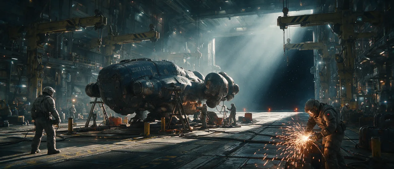 Example image made with Seedream 5.0 Pro: Ultra-wide cinematic frame: a spaceship hangar where a small crew repairs a battered cargo ship, sparks from welding, vo