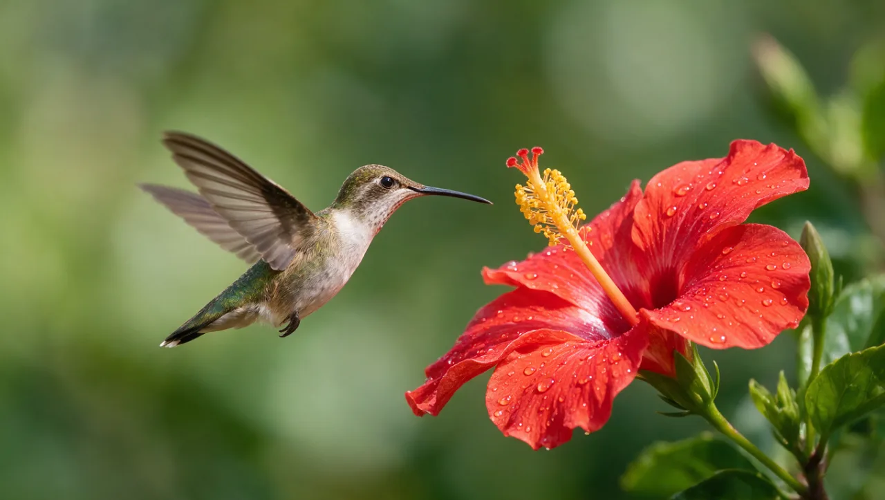 Example image made with Seedream 5.0 Pro: Photorealistic macro photo: a hummingbird hovering beside a red hibiscus flower, water droplets on the petals, soft gree