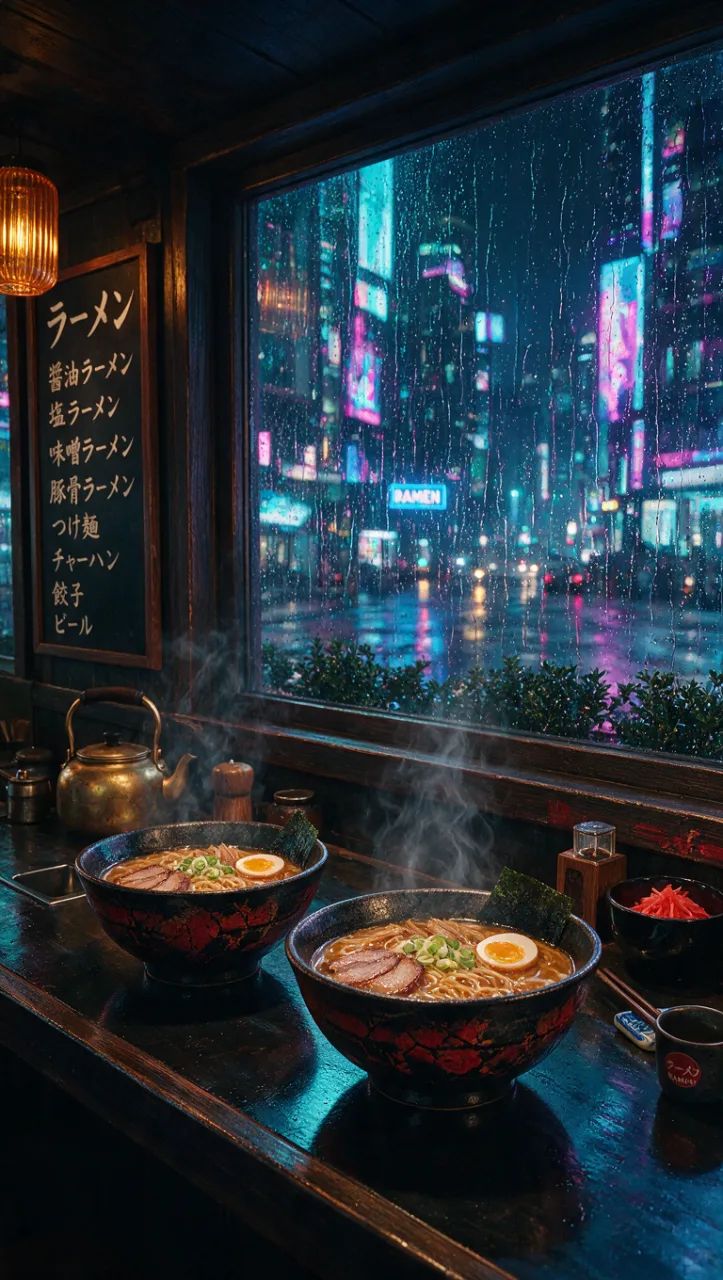Example image made with Seedream 5.0 Pro: Vertical film still for social media: a neon-lit ramen counter at night, steam rising from two bowls, rain on the window