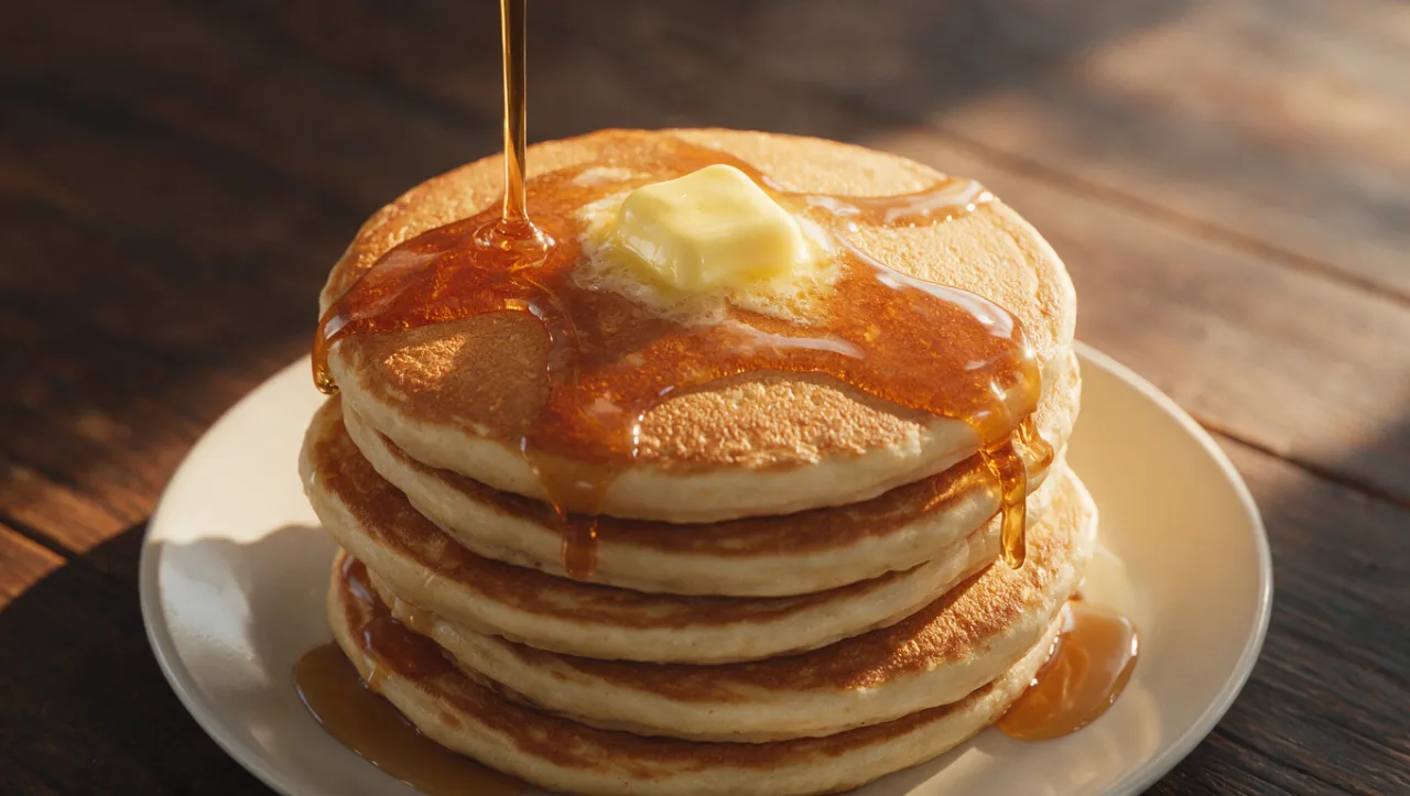 Example image made with Seedream 5.0 Pro: Food photography for a commercial: a stack of pancakes with maple syrup pouring over the top, butter melting, warm morni