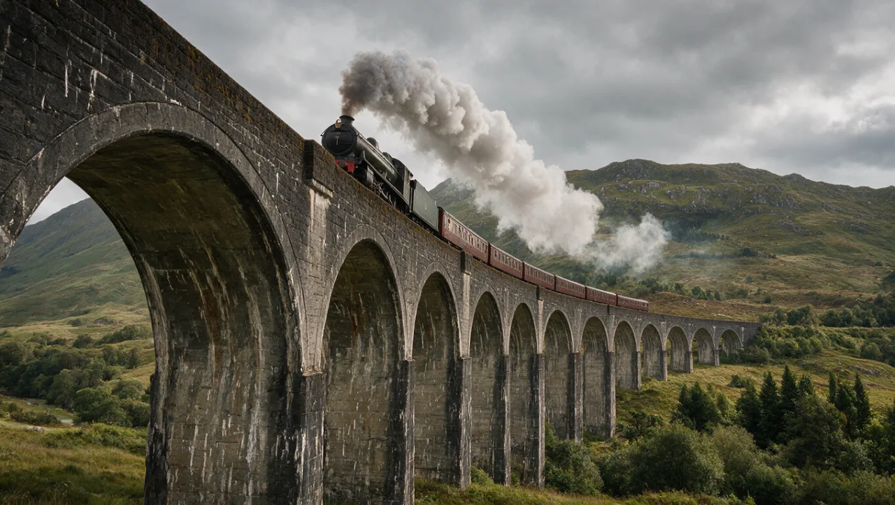 Example image made with Seedream 5.0 Pro: Photorealistic wide shot of an old steam locomotive crossing a stone viaduct in the Scottish highlands, smoke trailing b